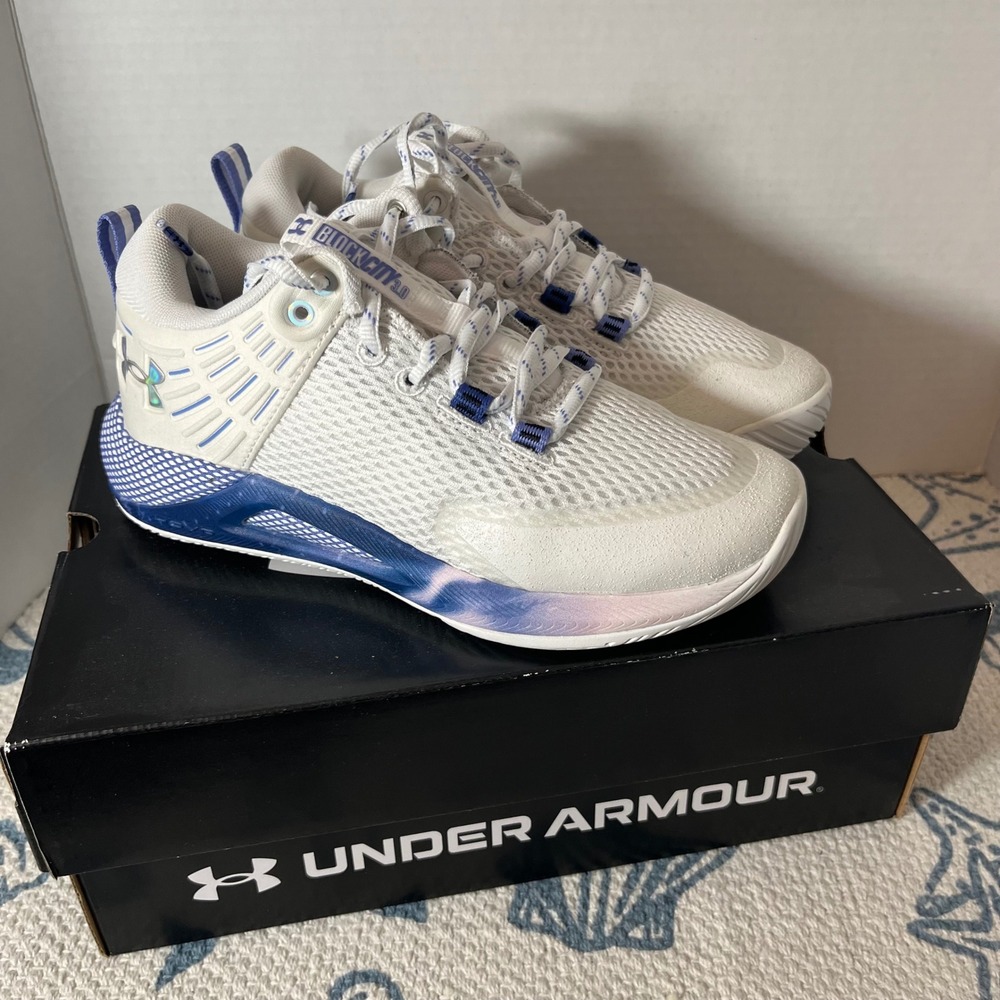 Under Armour HOVR Block City CS Womens Volleyball Shoes White Violet 3027418-100